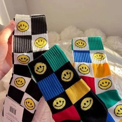 韓國東大門襪子女彩色格子春夏款笑臉ins潮襪中筒運動堆堆襪個性