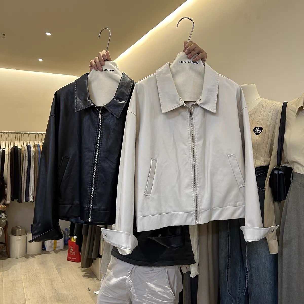 Classic Korean Chic Autumn Retro Turn-Down Collar Zipper Versatile Motorcycle Pu Faux Leather Short Jacket for Women