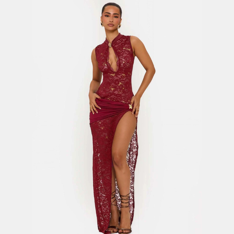Amazon European and American Retro New Chinese Style Sexy See-Through Lace High-Slit Long Dress Slim Fit Hollow Lace Cheongsam