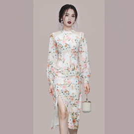 秋款女装2021韩版小圆领时尚收腰蕾丝花边开叉优雅印花气质连衣裙