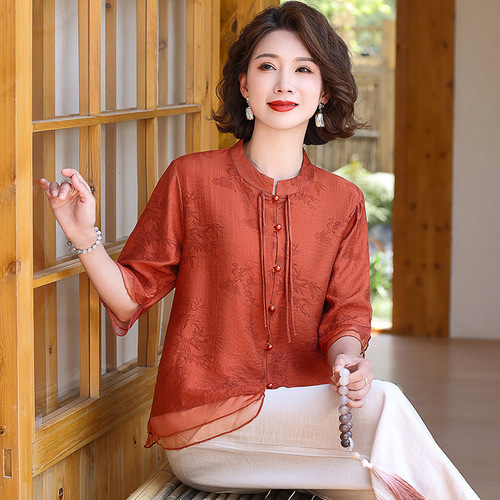 2025 New Mother Summer Set for Women, Youthful 50-Year-Old Fashion, Chinese Style, Elderly Women's Stylish and Trendy Two-Piece Set