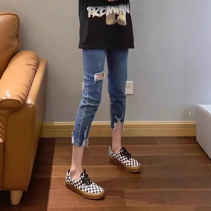 Plus Size Spring and Summer Stretch Ripped Jeans for Women, Petite Girls, High-Waisted Slimming Cropped Straight Pants, Pear-Shaped Pants