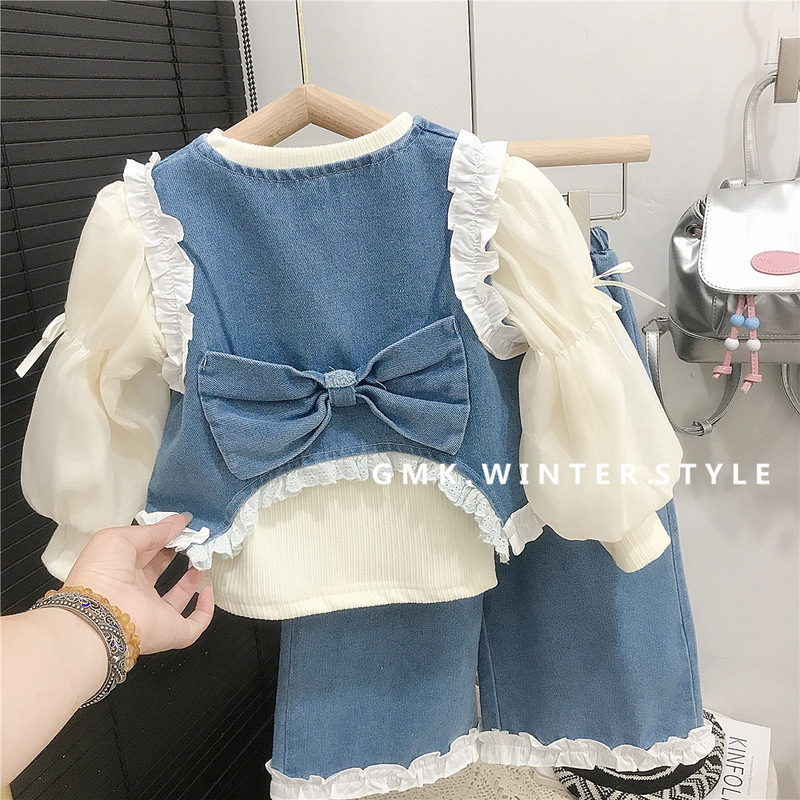 女童春秋季新款洋气花边牛仔套装女宝宝可爱潮流时尚三件套潮外贸|undefined