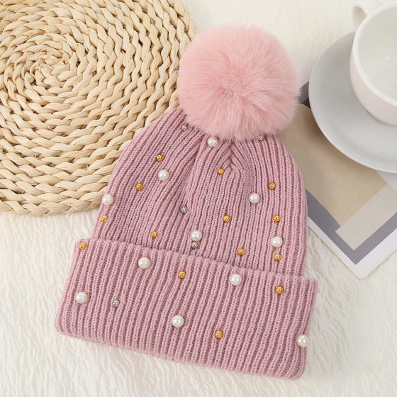 Korean-style winter Pearl rivet wool hat Korean-style wool ball knitted hat thickened warm women's wool hat