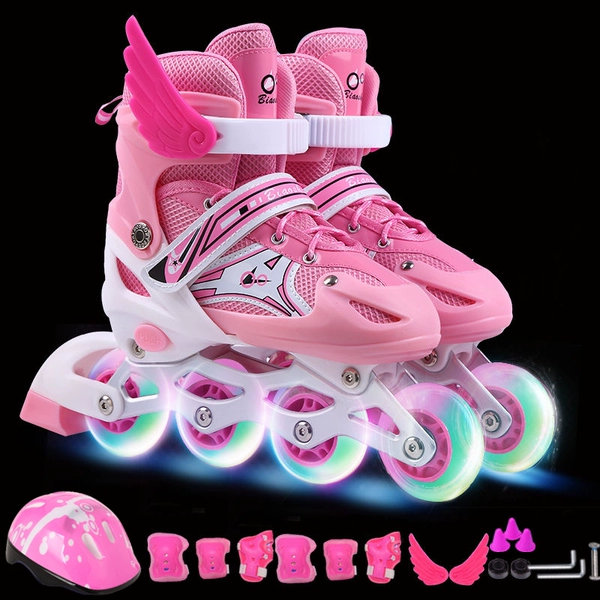 Fuchsia shoes, protective gear, helmet, set