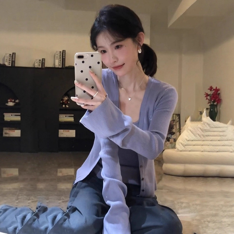 针织开衫外套女秋季长袖薄款挂脖背心紫色设计感两件套装|undefined