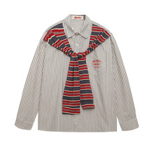 假两件披肩竖条纹长袖衬衣男士春秋宽松休闲美式高街拼色翻领衬衫