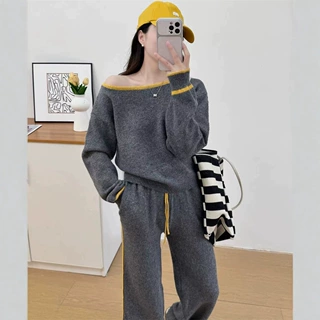 实拍跨境时尚撞色一字领针织衫套装秋冬显瘦毛衣女+阔腿裤两件套