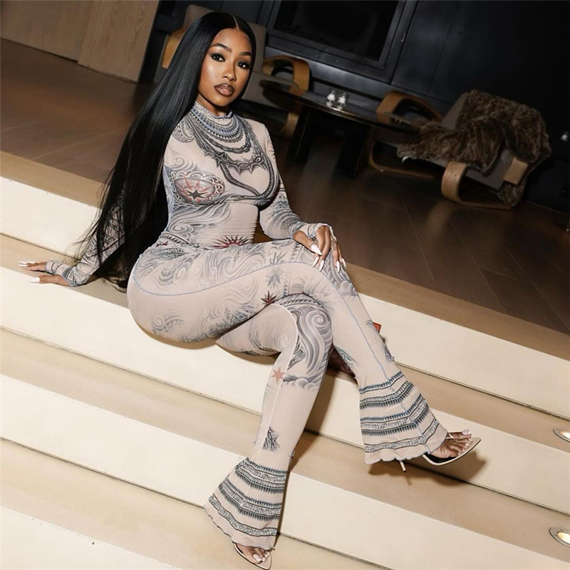 Feng – combinaison en maille imprimée pour femme, nouvelle mode, taille haute, serrée en corne, automne 2024_voghion.com