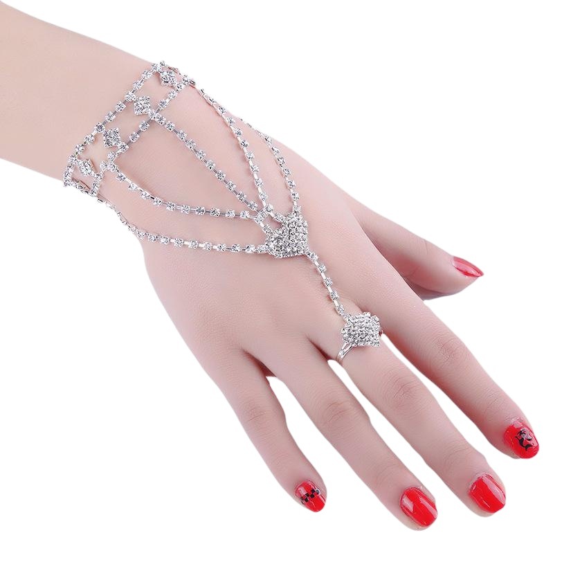 1 fábrica al por mayor de Corea anillo de cadena nupcial integrado accesorios de diamantes de imitación grande etapa joyería de la boda joyería de la mano de la cadena trasera