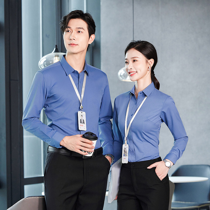 Summer men and women with bamboo fiber shirt wrinkle-resistant non-iron overalls short sleeve blue shirt tooling bank sales