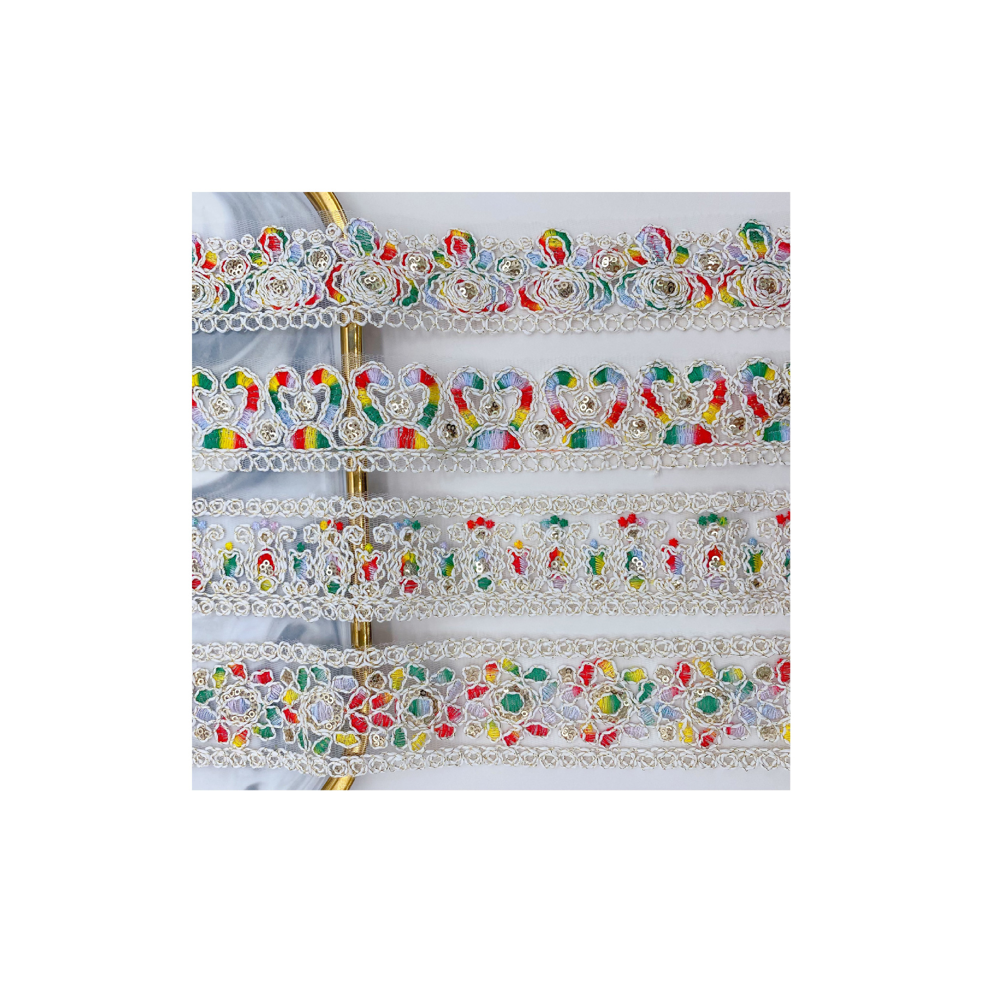 Bordado de color, malla, lentejuelas, encaje multicolor, accesorios de estilo exótico, encaje, código de barras, encaje, nuevo estilo étnico