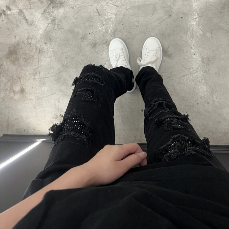 2023 New Rich Second Generation Trendy Men's Black Diamond Patch Ripped Fashion Jeans High Street Same Style for Men and Women 2023 New Rich Second Generation Trendy Men's Black Diamond Patch Ripped Fashion Jeans High Street Same Style for Men and Women