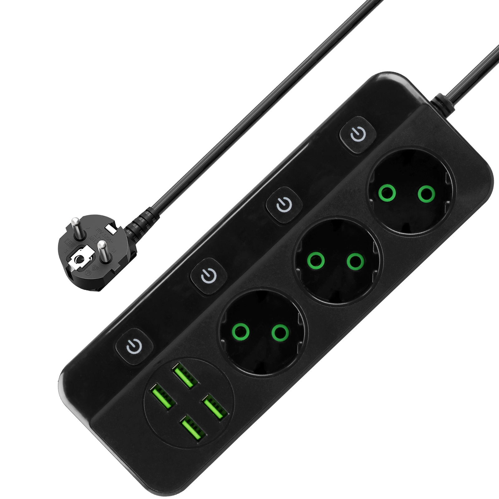 欧规插排欧标插座2米2位3位4位风控按钮黑色设计外贸供货