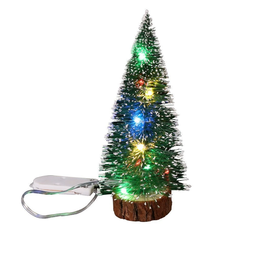 Mini tabletop Christmas tree, snow‑dipped tips, natural wood base, heights 10–40 cm