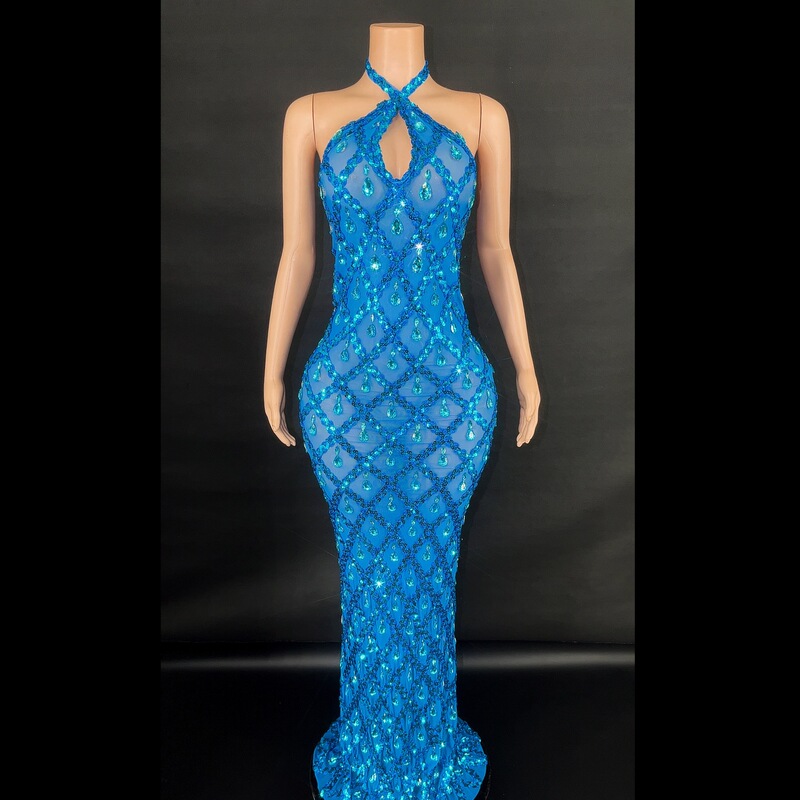 European and American Sexy Halterneck Rhombus Diamond-Encrusted Hip-Hugging Fishtail Skirt Cocktail Party Evening Dress Miss Universe Pageant Dress