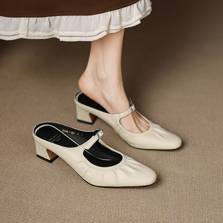 Fat Feet MM Women's Sheepskin 2025 New Spring and Summer Coarse Middle Heel silver Mary Jane Muller Sandals