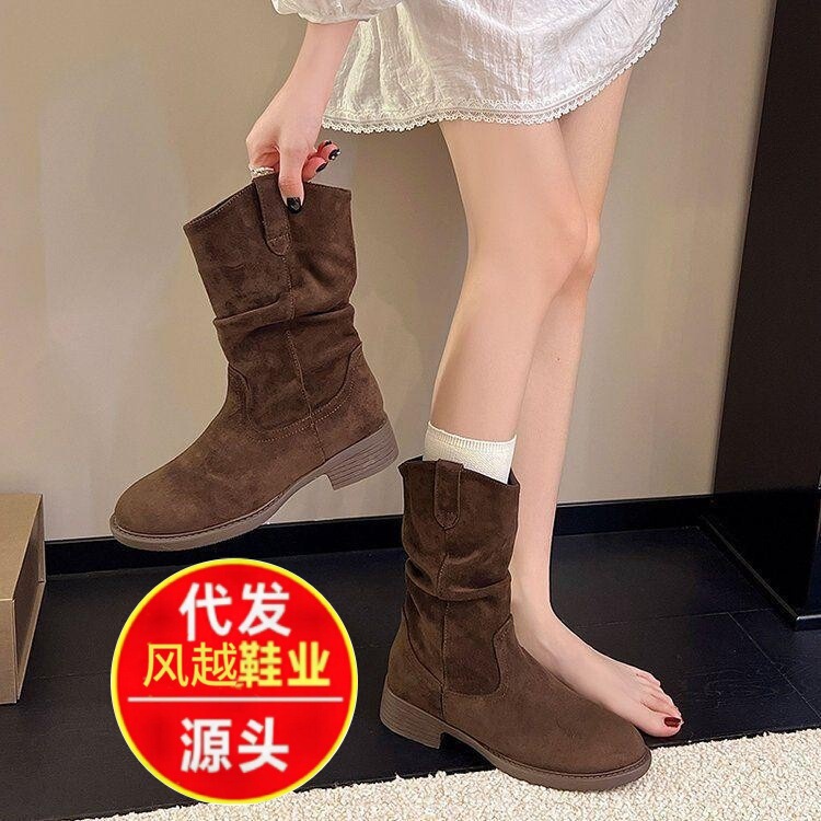 2026 New Model Maillard High-End Women's Mid-Calf Stacked Boots Western Cowboy Ankle Boots Knight Martin Boots to Match with Skirts 2026 New Model Maillard High-End Women's Mid-Calf Stacked Boots Western Cowboy Ankle Boots Knight Martin Boots to Match with Skirts