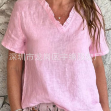 2025春夏新品独立站棉麻纯色欧美潮流简约休闲女士短袖v领新款