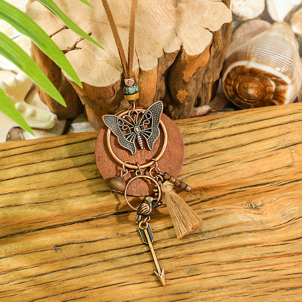 Bohemia Dream Catcher borla pendientes collar de madera estilo étnico largo borla colgante accesorios suéter cadena