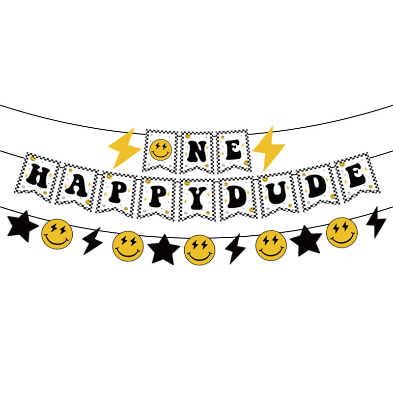 Transfronterizo en stock rayo Smiley fiesta de cumpleaños tema FELIZ DUDE tire de la bandera traje de placa de papel desechable