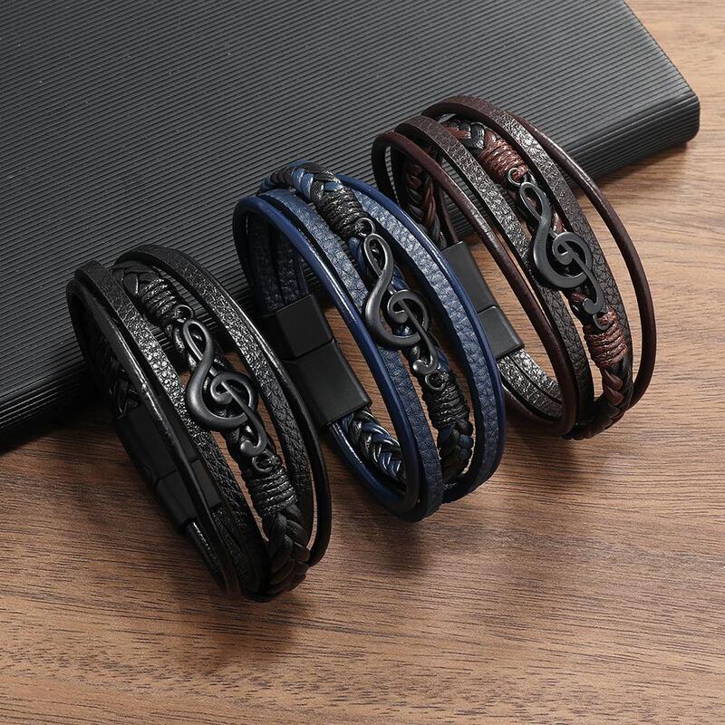 Cross-border New Retro Creative Men's Bracelet Music Symbol Simple Leather Multi-layer Bracelet Magnetic Buckle Jewelry
