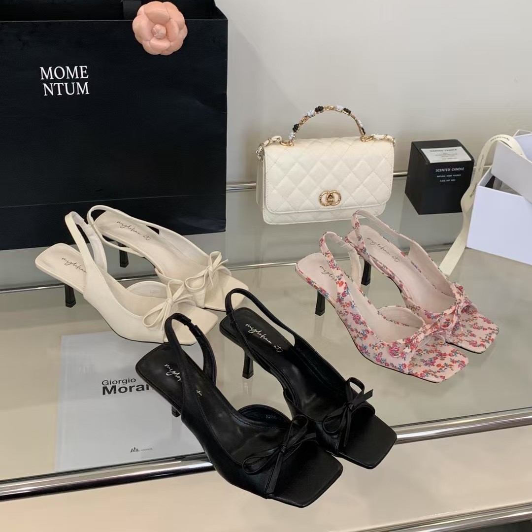 Trendy Versatile New Bowknot Back Strap High Heels Women Summer Open-Toe Square Toe Sandals