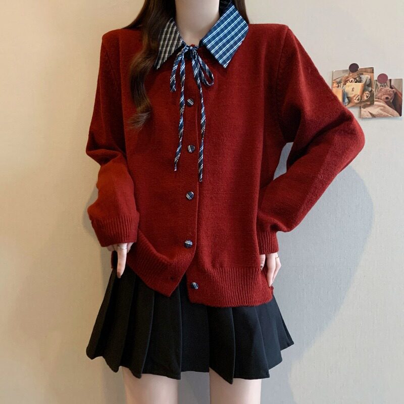 Korean-style shirt collar tie-up knitted cardigan for women, 2026 autumn and winter new design, plaid patchwork sweater for women Korean-style shirt collar tie-up knitted cardigan for women, 2026 autumn and winter new design, plaid patchwork sweater for women