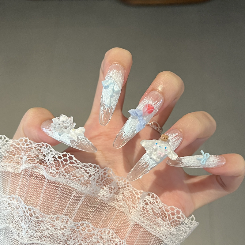 Uñas postizas hechas a mano estilo puro deseo, estilo ojo de gato francés largo, arte de uñas de Año Nuevo, piezas de uñas desmontables terminadas al por mayor. image 132