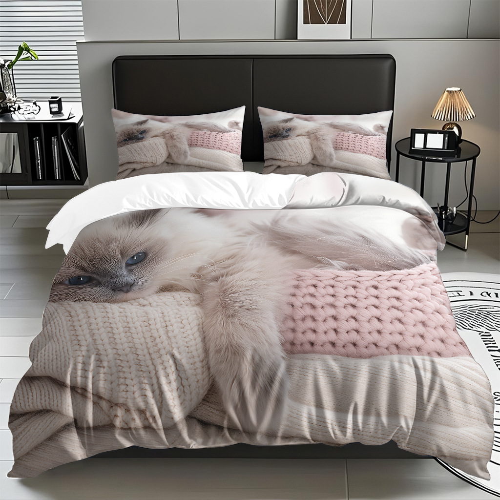 TEMU / JIT adorable gatito impresión digital suave set de colcha de edredón textil para el hogar se puede diseñar venta directa de fábrica