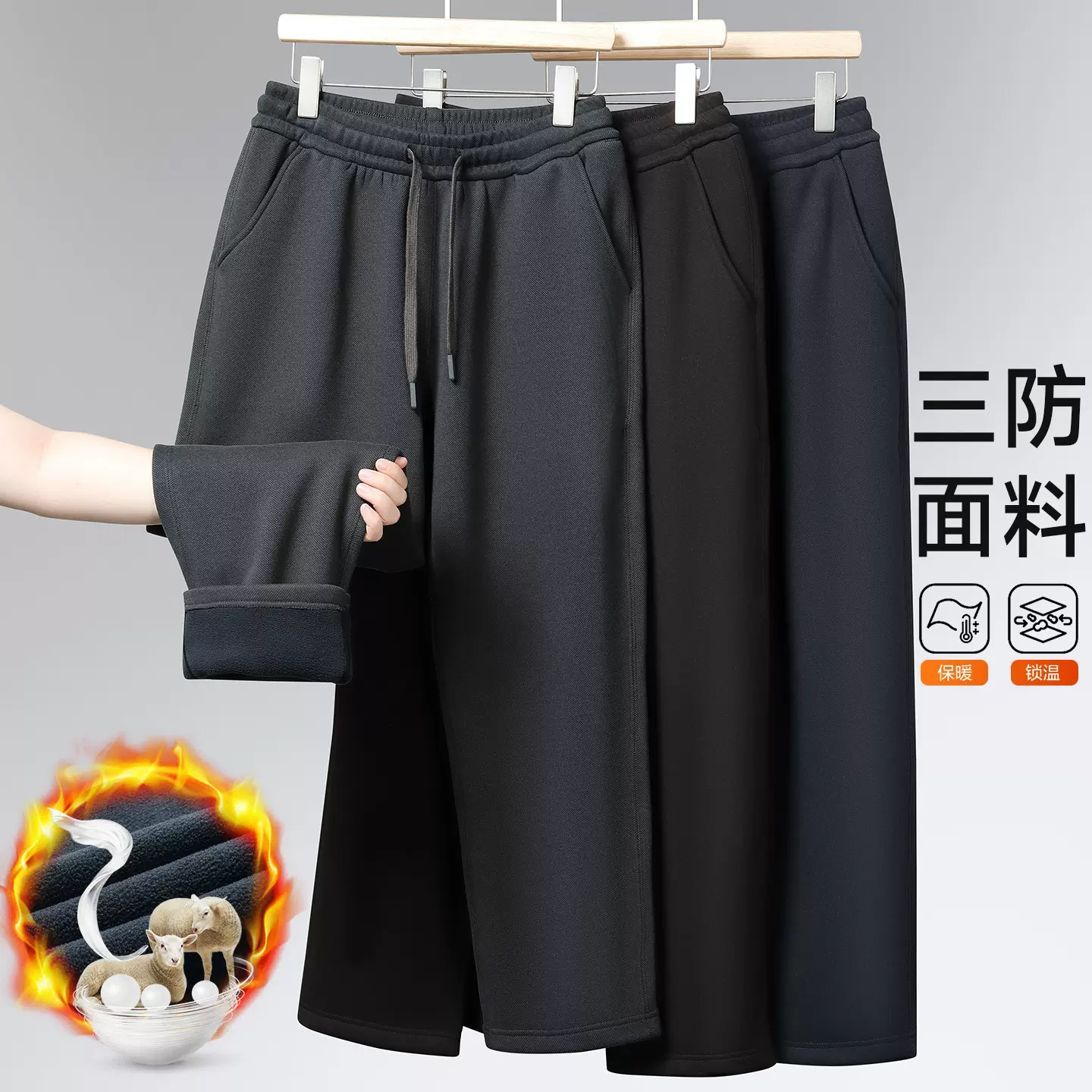 【三防】秋冬羊毛蚕丝加绒卫裤加厚防风裤休闲长裤宽松直筒运动裤