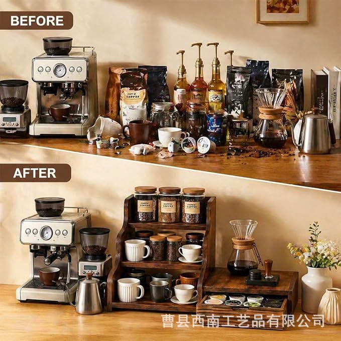 Acacia Wood Kitchen Coffee Storage Rack Three-Layer Storage Rack Spice Rack Storage Rack In-Stock Wooden Multi-Layer Storage Rack