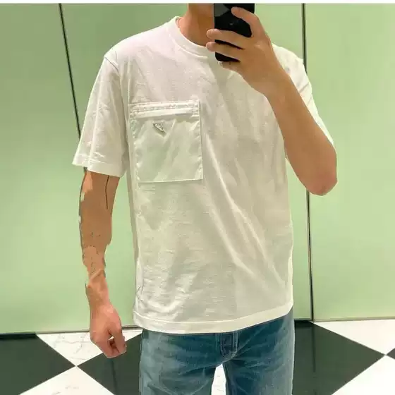 Original Standard Version High Version P Home Summer Metal Triangle Letter LOGO Pocket Logo Men's and Women's Short sleeved T-shirt Round Neck