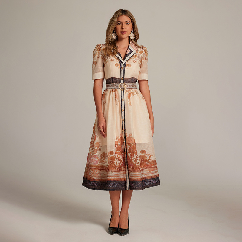 Real Shot of Palace-Style French Niche Elegant Printed Dress Women's Suit Collar Long Skirt with Belt