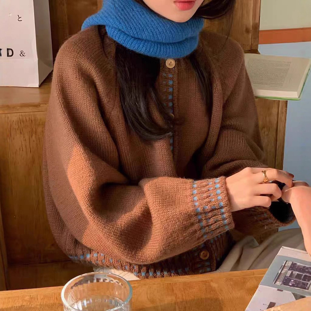 Korean Style Contrasting Color Round Neck Knitted Sweater Cardigan for Women 2025 Autumn and Winter New Style Lazy Style Long-Sleeved Soft Waxy Top Jacket