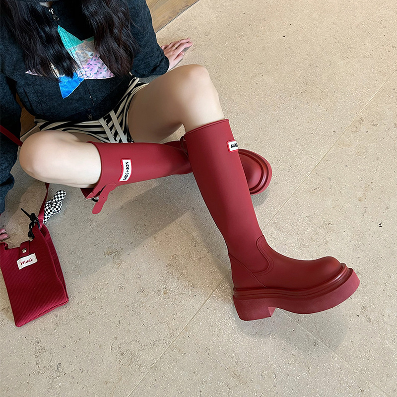 厚底防滑高筒红色雨靴子2025户外露营雨鞋不过膝旅游长筒靴骑士靴|undefined