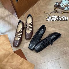 增高6公分褶皱方头粗跟玛丽珍鞋女2025新款复古交叉绑带浅口单鞋