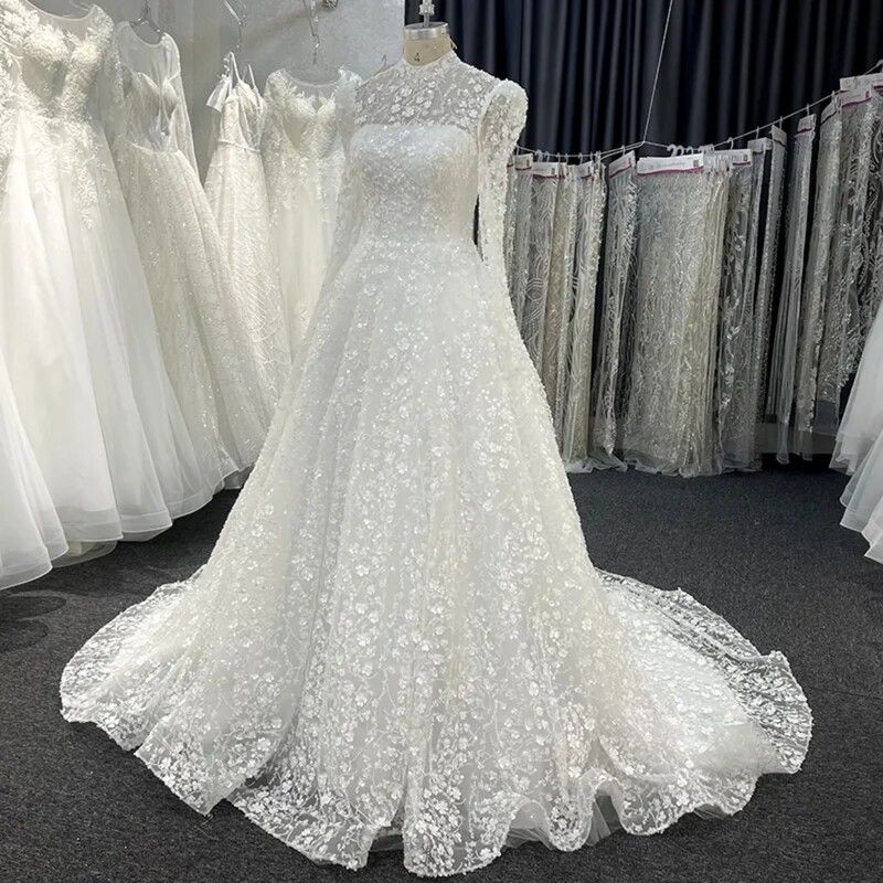 Wedding Dress with Luxurious Beaded Embroidery, Small Floral French Lace, High-Neck, Long-Sleeve, and a Long Train, Direct from the Factory