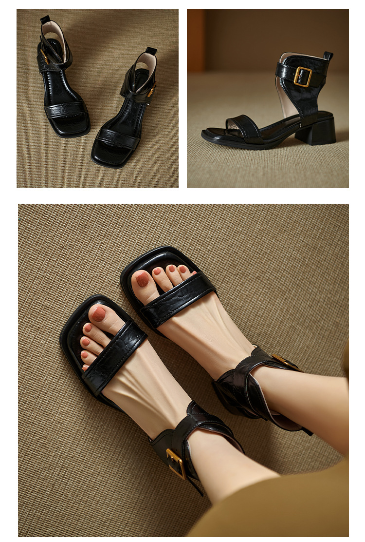 Sandal nữ cao cổ mũi vuông da thật khóa thắt lưng gót thô 9 cm — Màu nâu, Màu đen chi tiết 14