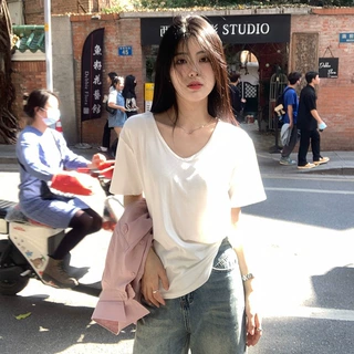 一件代发基础款宽松V领短袖夏季百搭正肩显瘦白色t恤女上衣打底衫