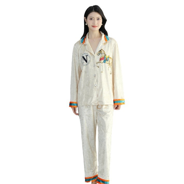 골든 벨벳 파자마 여성 가을 긴팔 세트 가을 투피스 하이 엔드 라이트 럭셔리 카디건 V-넥 플러스 사이즈 홈 의류