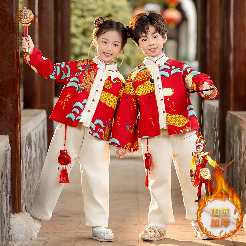 Зимний бархатный утолщение костюм Hanfu Новый год новая девушка Tang платье мальчик Новый год праздничное платье брат сестра платье