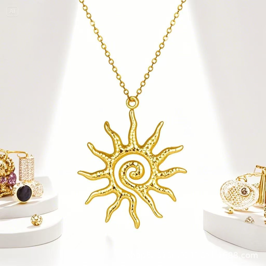 European and American Summer Stainless Steel MiG Spiral Hip Hop Sun Pendant Titanium Steel Pearl Chain Versatile Fashion Ladies Necklace