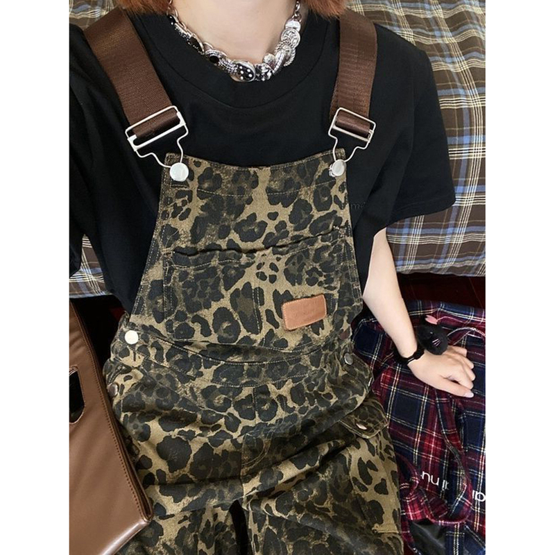 Hot Girl Leopard Print Denim Overalls for Small Women Loose Slimming Casual Wide Leg Overalls Jumpsuit Overalls Style