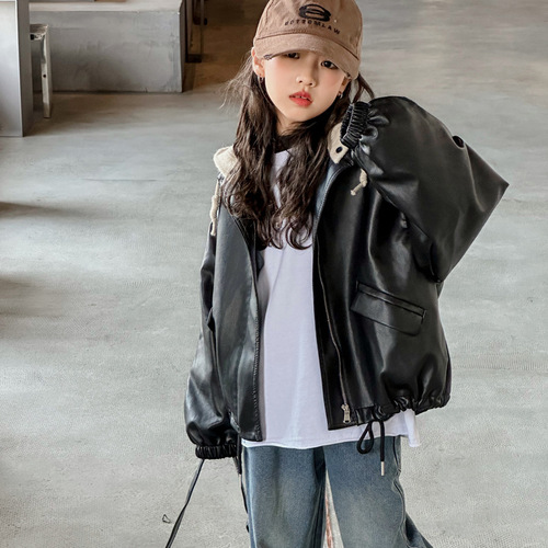 Girls' spring coat new style medium and large children's style loose spring and autumn leather jacket little girl's versatile hooded motorcycle jacket