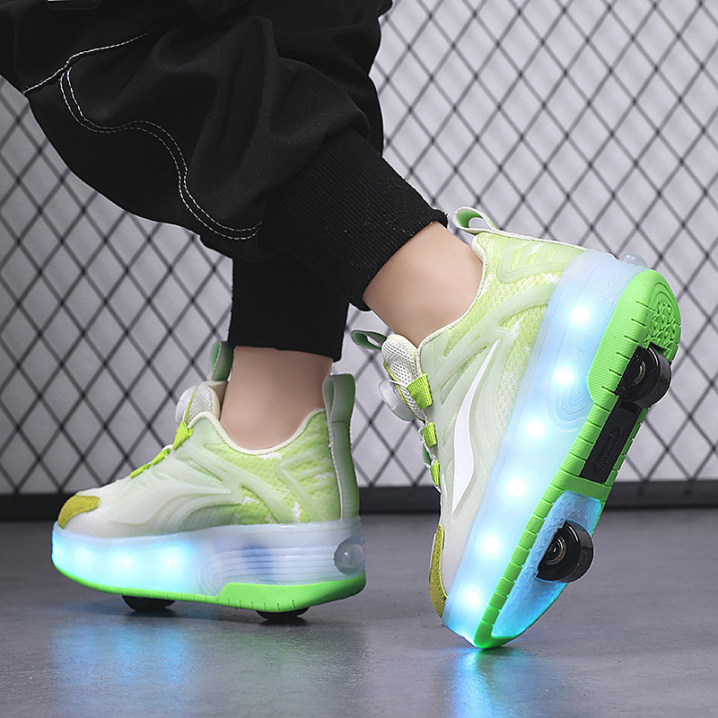 Boys' Heelys Shoes Summer 2025 New Children's Double-Wheel Skates Rotating Buckle Luminous Sports Roller Skates for Big Children