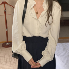 法式气质蕾丝花边白色衬衫女春秋季设计感别致绝美小衫感上衣2025