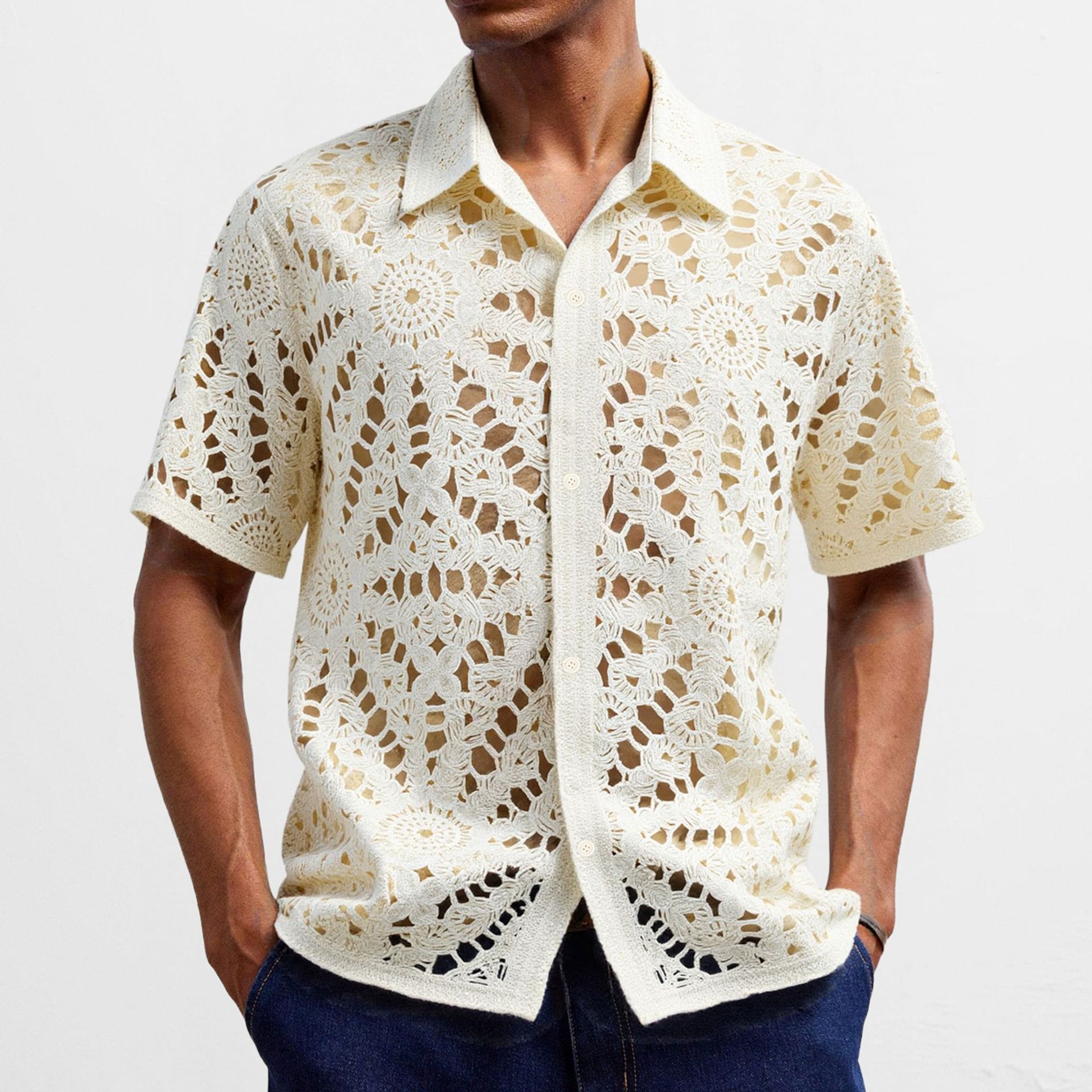 Foreign Trade Men's Clothing Summer New Style Men's Hollow Knit Cardigan Short-Sleeved Trendy Brand Resort Style Polo Shirt for Men Sy0108