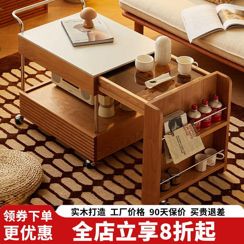Coffee Table, Solid Wood Small Table, Japanese Cherry Wood Stove for Tea Making, Movable Cart, Sofa Side Table, Slate Tea Cabinet
