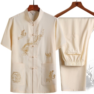 Middle-aged and elderly summer suit Tang suit men's short-sleeved shirt embroidery father plus size morning exercise clothes grandfather Hanfu clothes